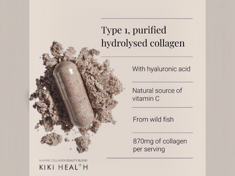 KIKI Health collagen supplement capsule with descriptive text on a beige background