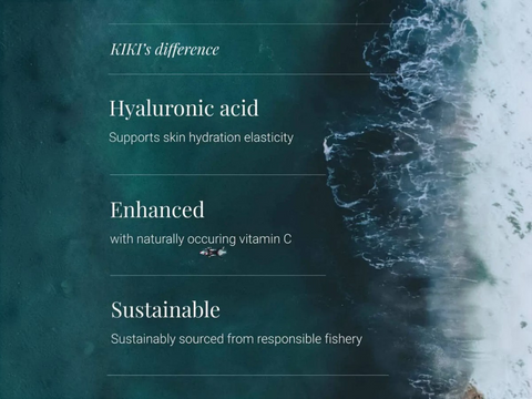 Text overlay on an image of a boat in the ocean with text about hyaluronic acid and sustainability.