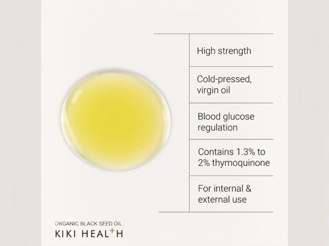 KIKI Health organic black seed oil with product details on a light gray background