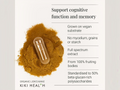 KIKI Health supplement capsule with lion's mane mushroom powder and text about cognitive function and memory support.