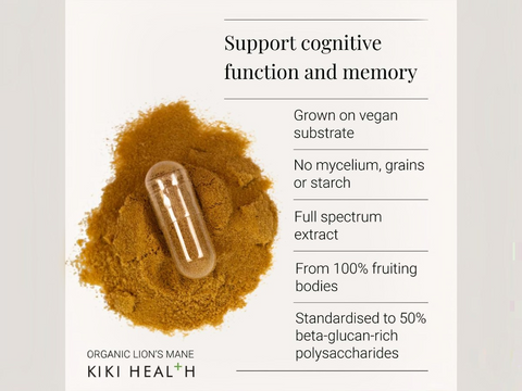 KIKI Health supplement capsule with lion's mane mushroom powder and text about cognitive function and memory support.
