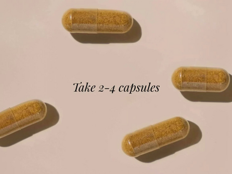 Four capsules on a light pink background with text 'Take 2-4 capsules'.