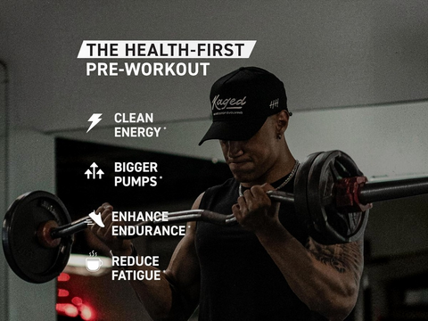 Person lifting weights with text about pre-workout supplement benefits on a dark background