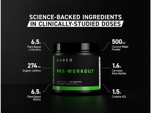 Kaged Pre-Workout supplement container with ingredient information on a black background