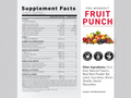 Supplement label for pre-workout fruit punch flavor with ingredients and branding details.