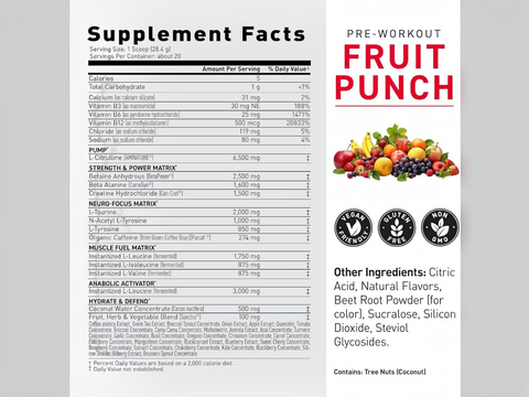 Supplement label for pre-workout fruit punch flavor with ingredients and branding details.