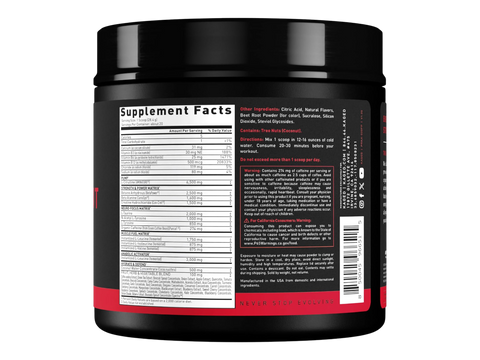 Black supplement container with supplement facts label on a white background