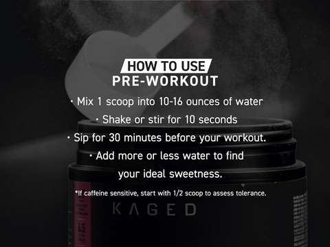 Kaged pre-workout supplement container with usage instructions on a dark background