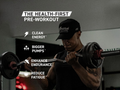 Person lifting weights with text about a pre-workout supplement's benefits.