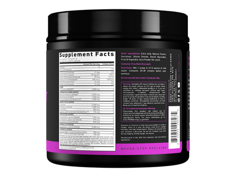 Black supplement container with supplement facts label on a white background