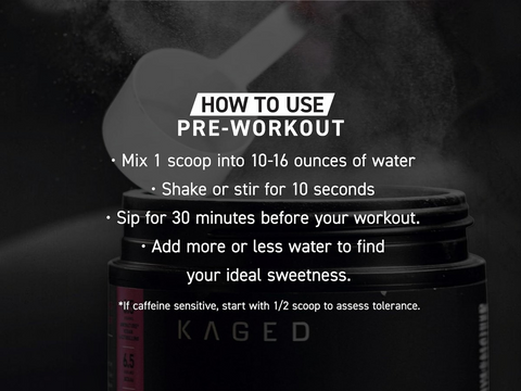 Kaged pre-workout supplement container with usage instructions on a dark background