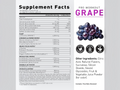 Supplement label for a pre-workout grape flavor with ingredient list and nutritional information.
