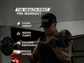 Person lifting weights with text about 'The Health-First Pre-Workout' benefits on a dark background