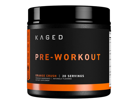 Kaged pre-workout supplement container with black and orange design on a white background