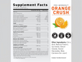 Supplement label for pre-workout supplement with 'Orange Crush' flavor on a gray background