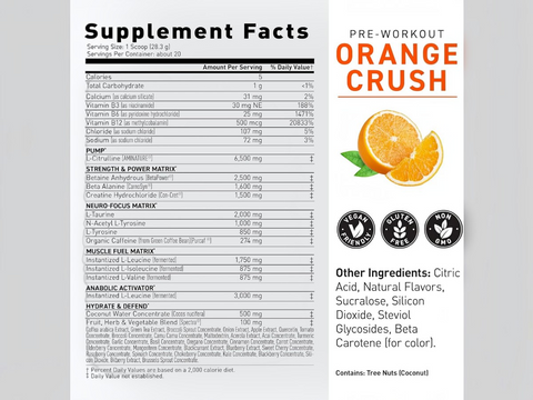 Supplement label for pre-workout supplement with 'Orange Crush' flavor on a gray background