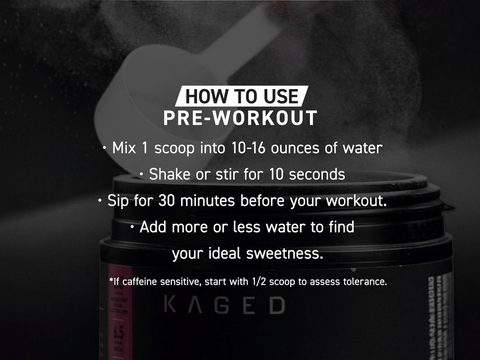 Kaged pre-workout supplement container with usage instructions on a dark background
