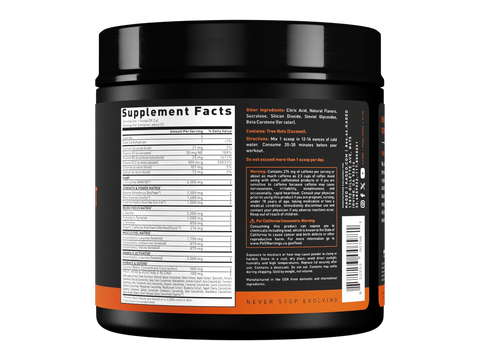 Supplement container with a focus on the back label showing supplement facts.