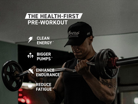 Person lifting weights with text about a pre-workout supplement on a dark background