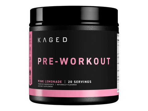 Kaged pre-workout supplement container with black and pink design on a white background