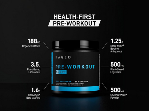 Kaged Pre-Workout Sport supplement container with nutritional information on a black background