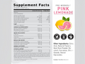 Supplement label for pre-workout powder with pink lemonade flavor, showing ingredients and nutritional facts.