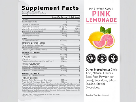 Supplement label for pre-workout powder with pink lemonade flavor, showing ingredients and nutritional facts.