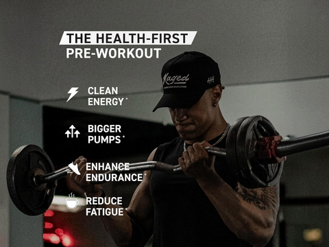 Person lifting weights with text about 'The Health-First Pre-Workout' benefits on a dark background