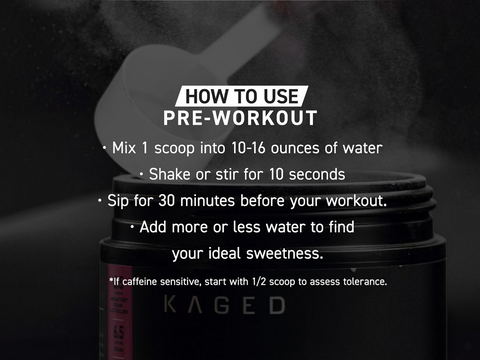 Kaged pre-workout supplement container with usage instructions on a dark background
