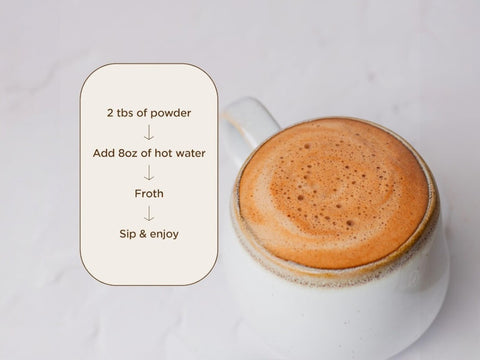How to Use: Laird Superfood hot chocolate mixing instructions 227g on white background