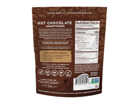 Laird Superfood hot chocolate barcode & ingredients 227g on white background