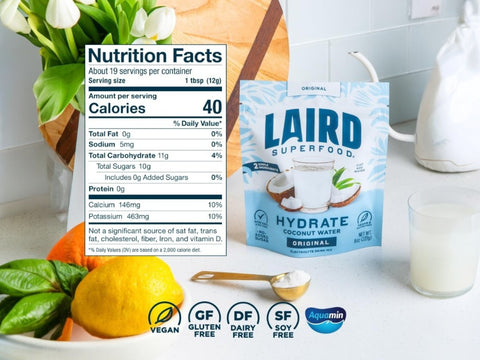 Laird Superfood Hydrate coconut water powder Original ingredients label 227g on white background