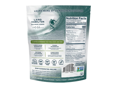 Laird Superfood matcha latte ingredients, barcode & nutrition facts label 227g on white background