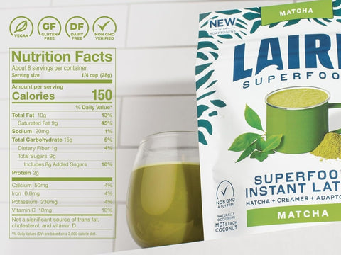 Laird Superfood matcha latte ingredients label 227g on white background