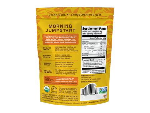 Laird Superfood Morning Jumpstart ingredients, barcode & nutrition facts label 77g on white background