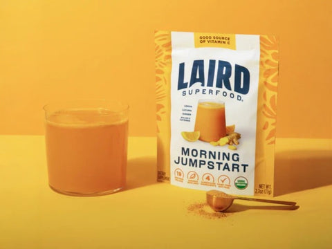 How to Use: Laird Superfood Morning Jumpstart mixing instructions 77g on white background