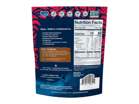 Laird Superfood mocha coffee creamer ingredients, barcode & nutrition facts label 227g on white background