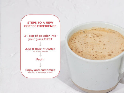 How to Use: Laird Superfood sweet and creamy coffee creamer mixing instructions 227g on white background