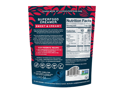 Laird Superfood sweet and creamy coffee creamer ingredients, barcode & nutrition facts label 227g on white background