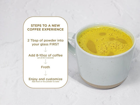 How to Use: Laird Superfood turmeric coffee creamer mixing instructions 227g on white background