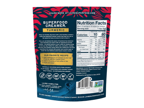 Laird Superfood turmeric coffee creamer ingredients, barcode & nutrition facts label 227g on white background