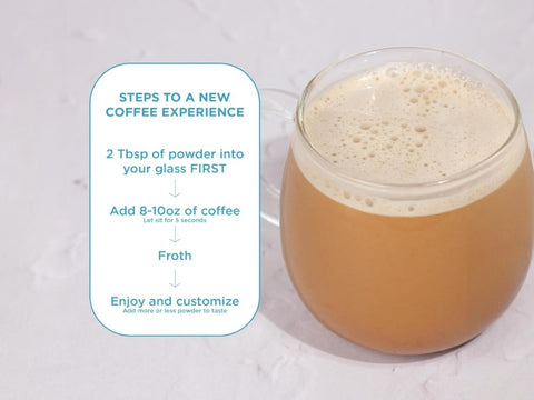 How to Use: Laird Superfood non-dairy coffee creamer vanilla mixing instructions 227g on white background