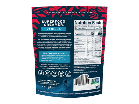 Laird Superfood non-dairy coffee creamer vanilla ingredients, barcode and nutrition facts label 227g on white background