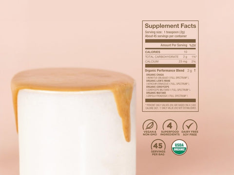 Laird Superfood mushroom blend ingredients label 90g on white background
