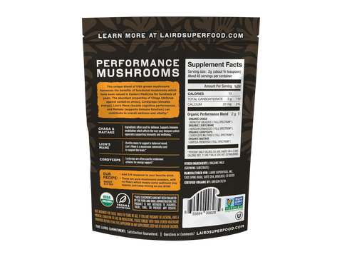 Laird Superfood mushroom blend ingredients, barcode & nutrition facts label 90g on white background