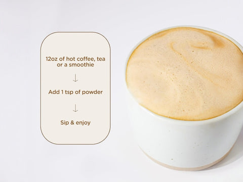 How to Use: Laird Superfood mushroom blend mixing instructions 90g on white background
