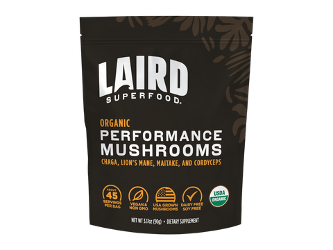 Laird Superfood organic performance mushroom blend powder front pack 90g on white background