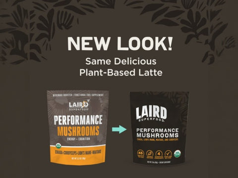 Laird Superfood Organic Performance Mushroom Blend – 90g. Old & new packaging.
