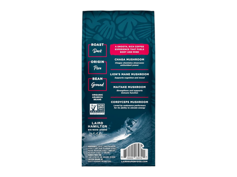 Laird Superfood Peruvian dark roast coffee with mushrooms 340g barcode on white background