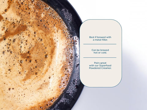 How to use: Laird Superfood Peruvian dark roast mushroom coffee 340g brewing instructions on white background